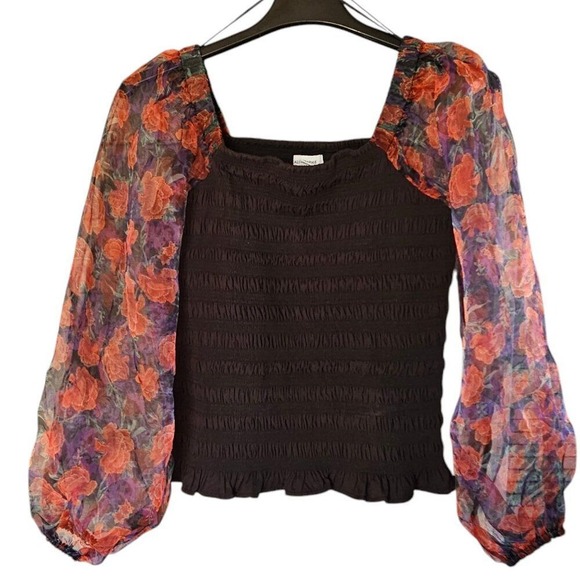 Calligraphie Rosette Floral‎ Puff Sleeve Tube Smocked Blouse Shirt Size Medium - Picture 2 of 6